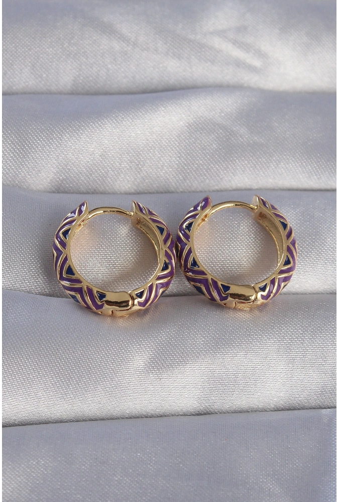 Shoecide Pirinç Gold Renk Mor Etnik Desenli Halka Küpe
