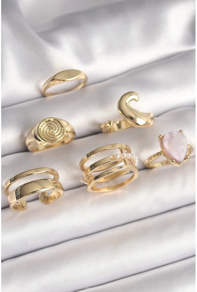 Shoecide Pirinç Gold Renk Pembe Damla Mineli Sarmal İşleme Detaylı 6lı Kadın Yüzük Seti