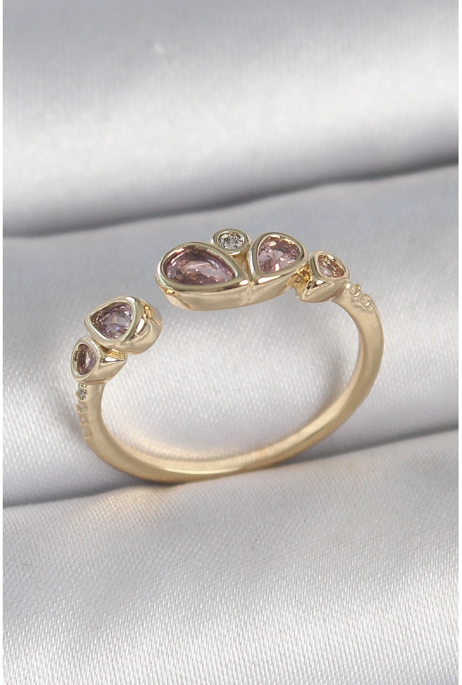 Shoecide Pirinç Gold Renk Pembe Damla Zirkon Taşlı Ayarlanabilir Kadın Yüzük