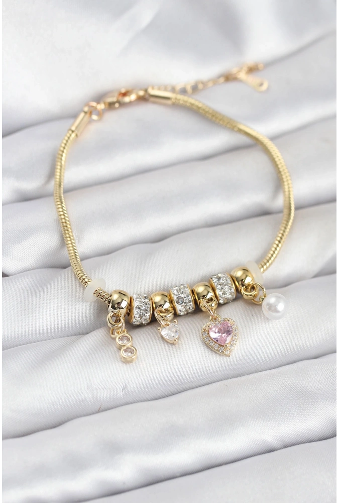 Shoecide Pirinç Gold Renk Pembe Kalp Charmlı Kadın Bileklik
