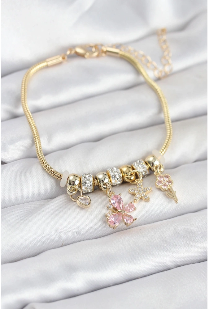 Shoecide Pirinç Gold Renk Pembe Kelebek Charmlı Kadın Bileklik