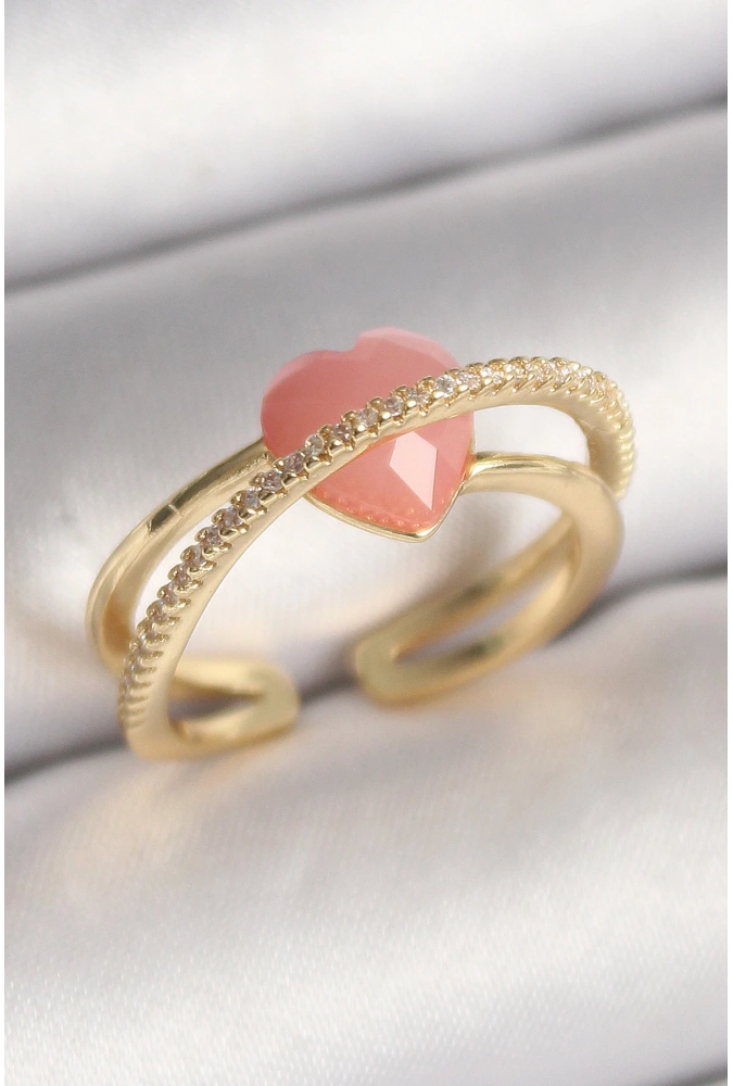 Shoecide Pirinç Gold Renk Pembe Kristal Kalp Model Zirkon Taş Detaylı Kadın Yüzük