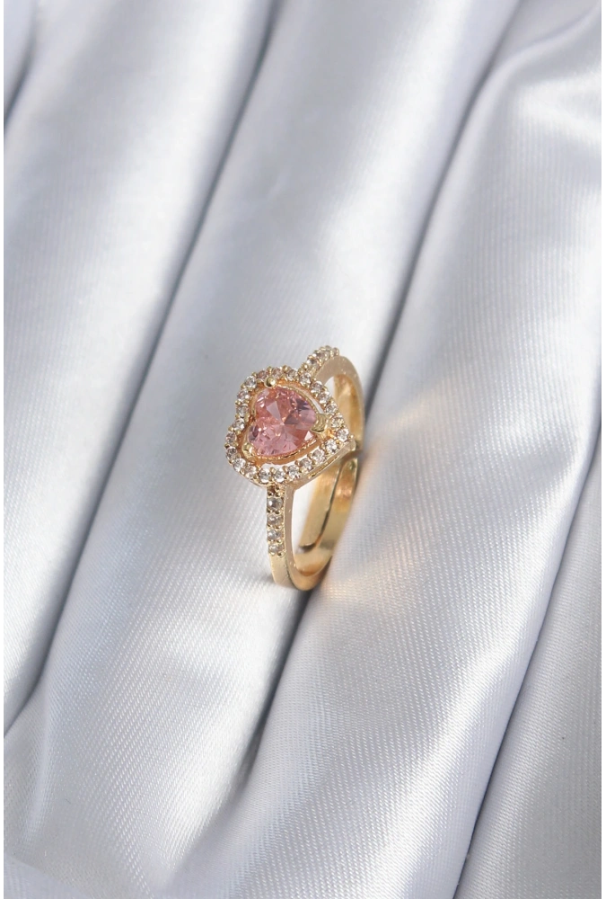 Shoecide Pirinç Gold Renk Pembe Zirkon Taş Kalp Charm Model Kadın Yüzük