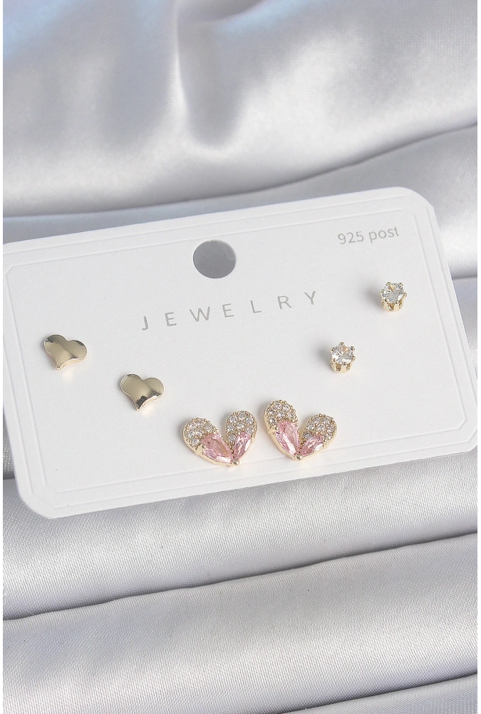 Shoecide Pirinç Gold Renk Pembe Zirkon Taşlı Kalp Model 925 Ayar Gümüş Çivi Kadın Küpe Seti