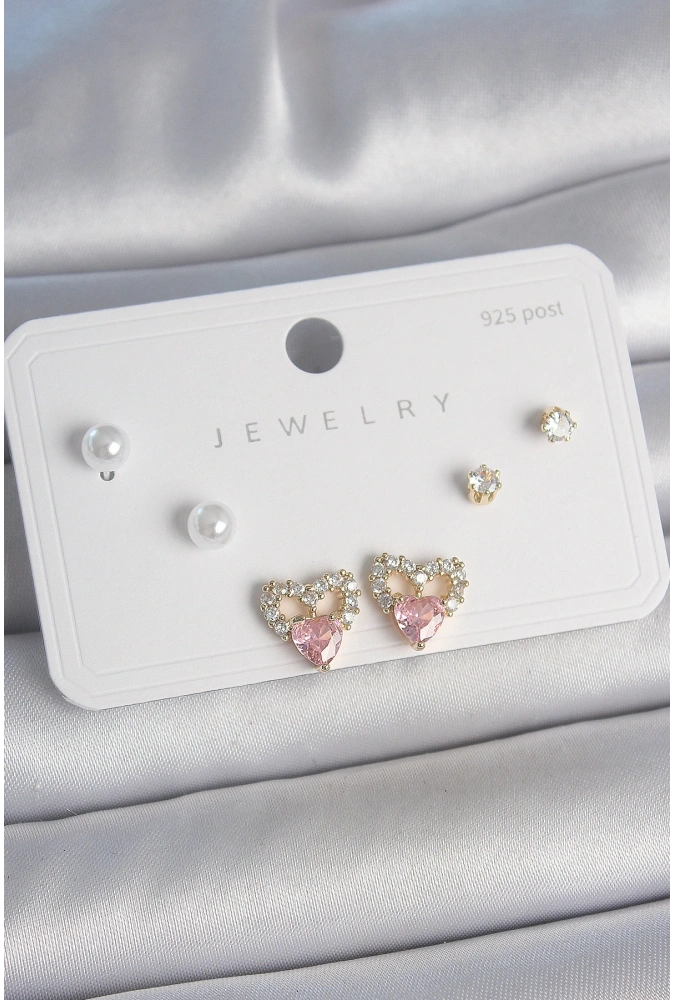 Shoecide Pirinç Gold Renk Pembe Zirkon Taşlı Kalp Model İnci Detay 925 Ayar Kadın Küpe Seti