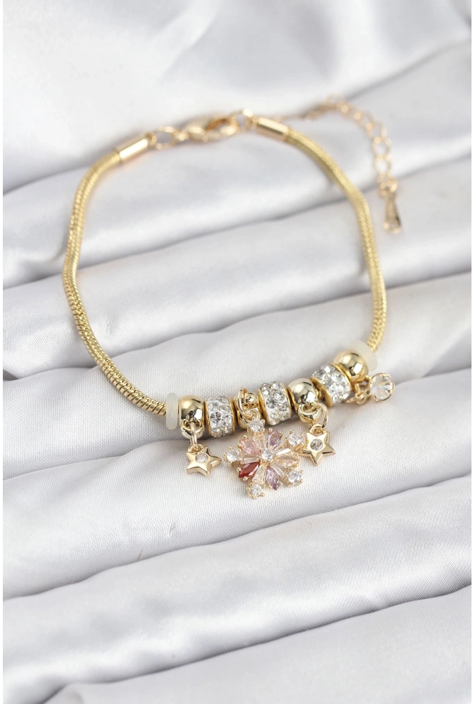 Shoecide Pirinç Gold Renk Renkli Yıldız Charmlı Kadın Bileklik