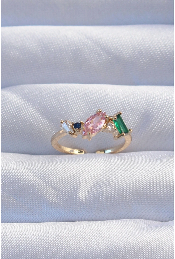 Shoecide Pirinç Gold Renk Renkli Zirkon Taşlı Ayarlanabilir Yüzük