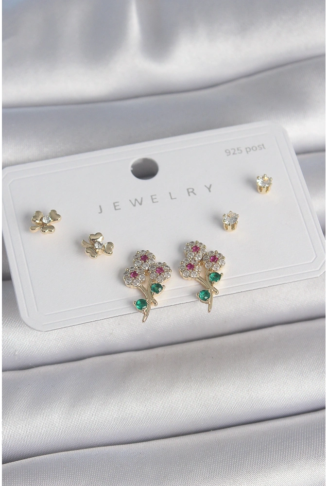 Shoecide Pirinç Gold Renk Renkli Zirkon Taşlı Çiçek Model Yaprak Detay 925 Ayar Gümüş Çivi Kadın Küpe Seti