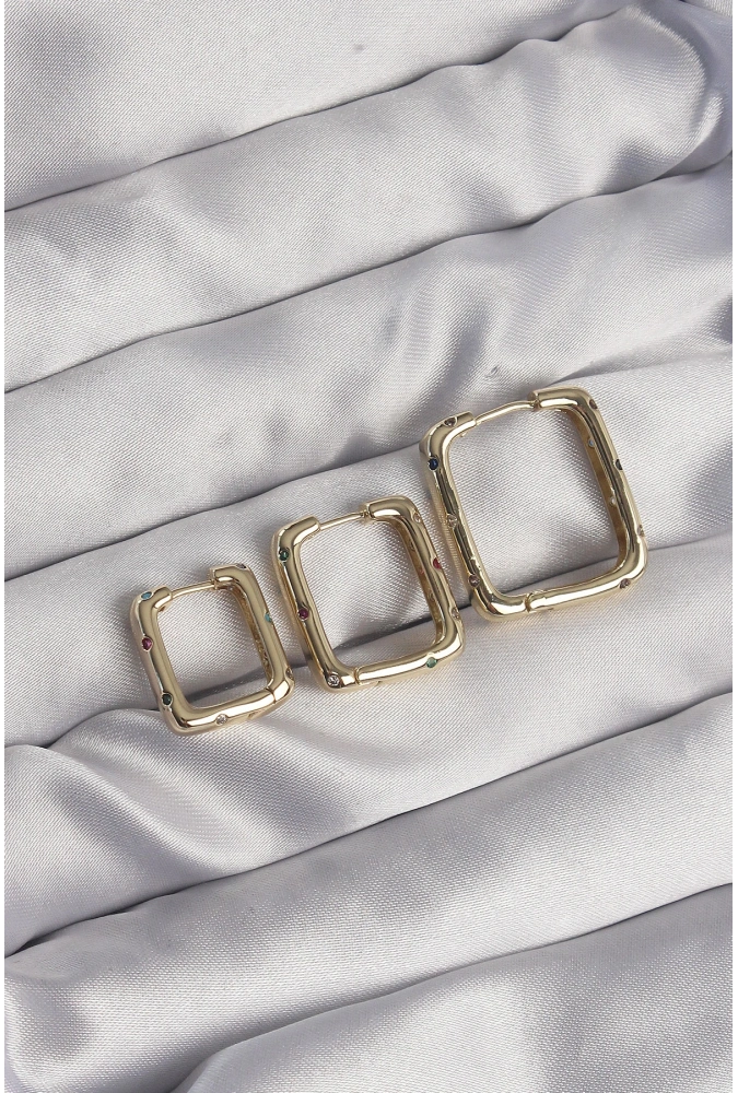 Shoecide Pirinç Gold Renk Renkli Zirkon Taşlı Kare Model Küpe Seti