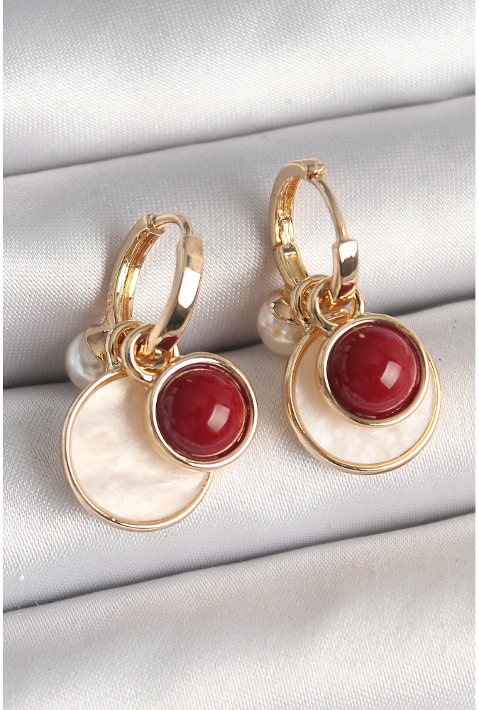 Shoecide Pirinç Gold Renk Sallantı Beyaz Mineli Bordo Detay Kadın Küpe