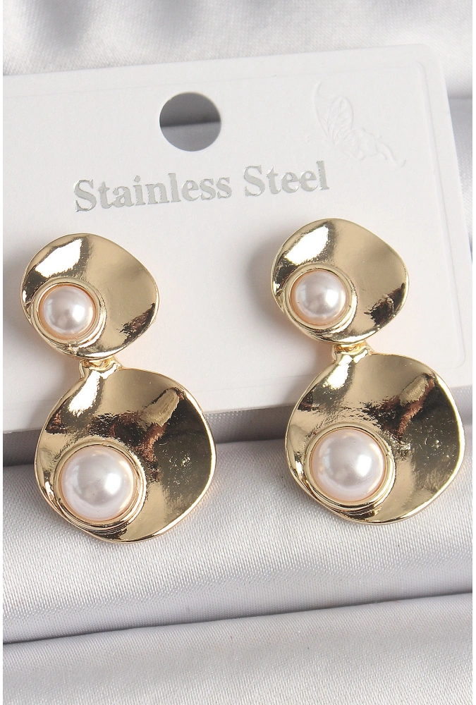 Shoecide Pirinç Gold Renk Sallantı İnci Detaylı Daire Plaka Model Kadın Küpe