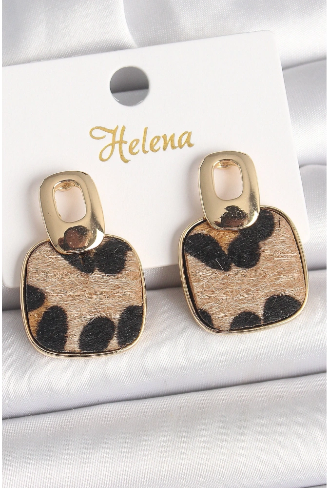 Shoecide Pirinç Gold Renk Sallantı Kare Leopar Model Kadın Küpe