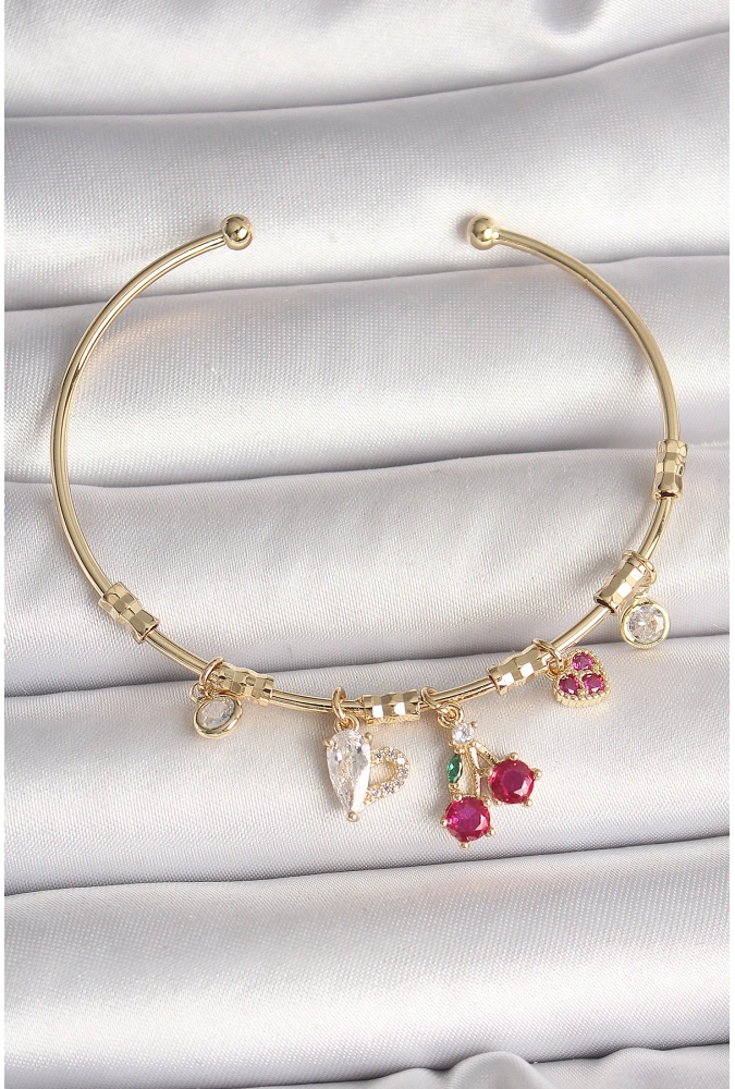 Shoecide Pirinç Gold Renk Sallantı Kırmızı Zirkon Taşlı Kiraz Figür Charm Kadın Bileklik