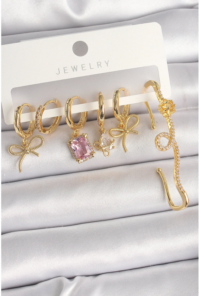 Shoecide Pirinç Gold Renk Sallantı Kurdele Model Pembe Kare Zirkon Taşlı Kadın Küpe Seti