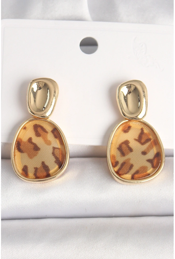 Shoecide Pirinç Gold Renk Sallantı Leopar Desen Kare Model Kadın Küpe