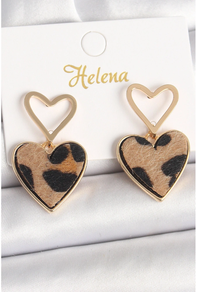 Shoecide Pirinç Gold Renk Sallantı Leopar Kalp Model Kadın Küpe