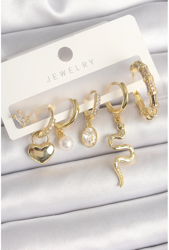 Shoecide Pirinç Gold Renk Sallantı Yılan Model Zirkon Taşlı Halka Kilit Kalp Detay Kadın Küpe Seti