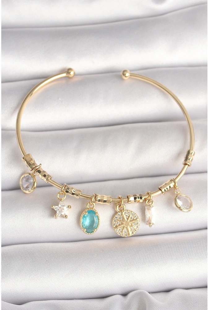 Shoecide Pirinç Gold Renk Sallantı Zirkon Taş Detaylı Pusula Figür Charm Kadın Bileklik