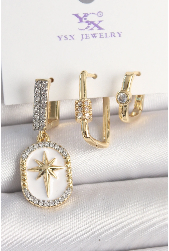 Shoecide Pirinç Gold Renk Sallantı Zirkon Taş İşlmeli Yıldız Portre Model 3lü Kadın Kombin Küpe