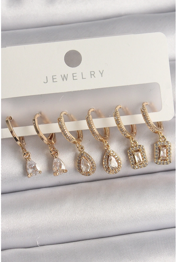 Shoecide Pirinç Gold Renk Sallantı Zirkon Taşı Damla Model Kadın Küpe Seti