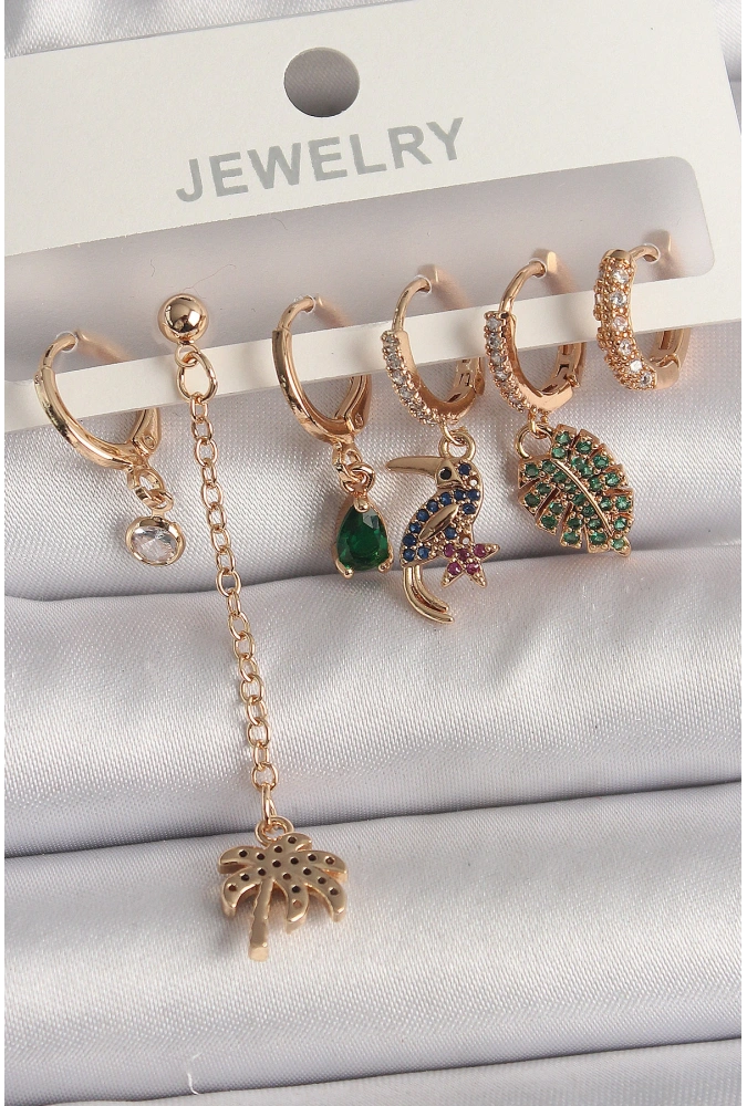 Shoecide Pirinç Gold Renk Sallantı Zirkon Taşlı Ağaç Figür Kadın Küpe Seti