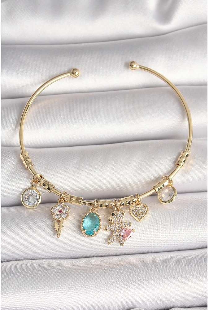 Shoecide Pirinç Gold Renk Sallantı Zirkon Taşlı Ayıcık Figür Kalp Detay Charm Kadın Bileklik