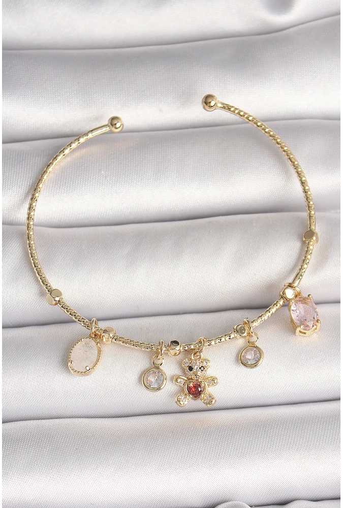 Shoecide Pirinç Gold Renk Sallantı Zirkon Taşlı Ayıcık Figür Kırmızı Kalp Detay Charm Kadın Bileklik