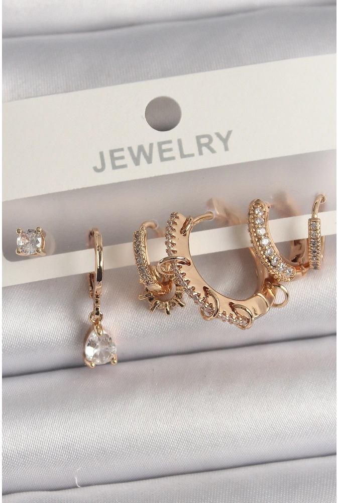 Shoecide Pirinç Gold Renk Sallantı Zirkon Taşlı Halka Model Damla Zirkon Taş Detay Çoklu Kadın Küpe Seti