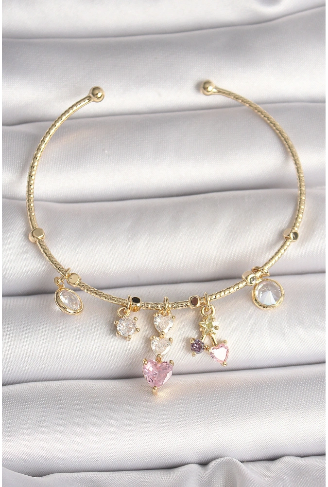 Shoecide Pirinç Gold Renk Sallantı Zirkon Taşlı Kalp Figür Pembe Kalp Detay Charm Kadın Bileklik