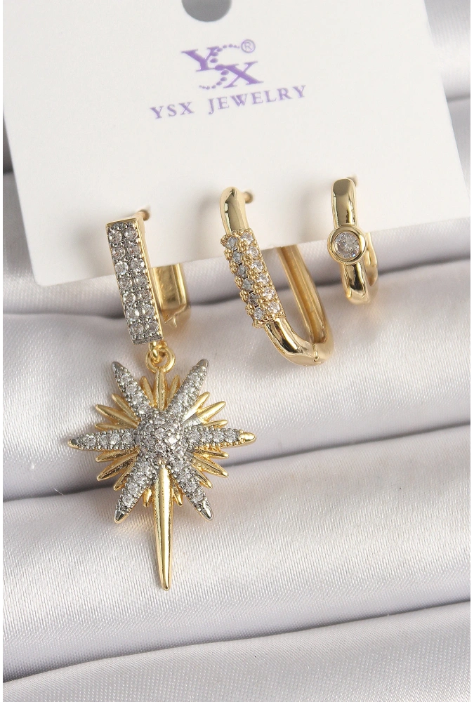 Shoecide Pirinç Gold Renk Sallantı Zirkon Taşlı Kutup Yıldız Model 3lü Kadın Kombin Küpe