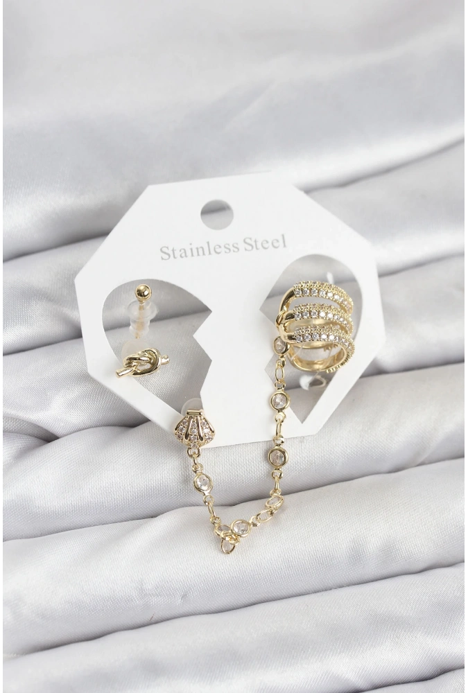 Shoecide Pirinç Gold Renk Sarmal Model Zincir Bağlantılı Ear Cuff Küpe Seti