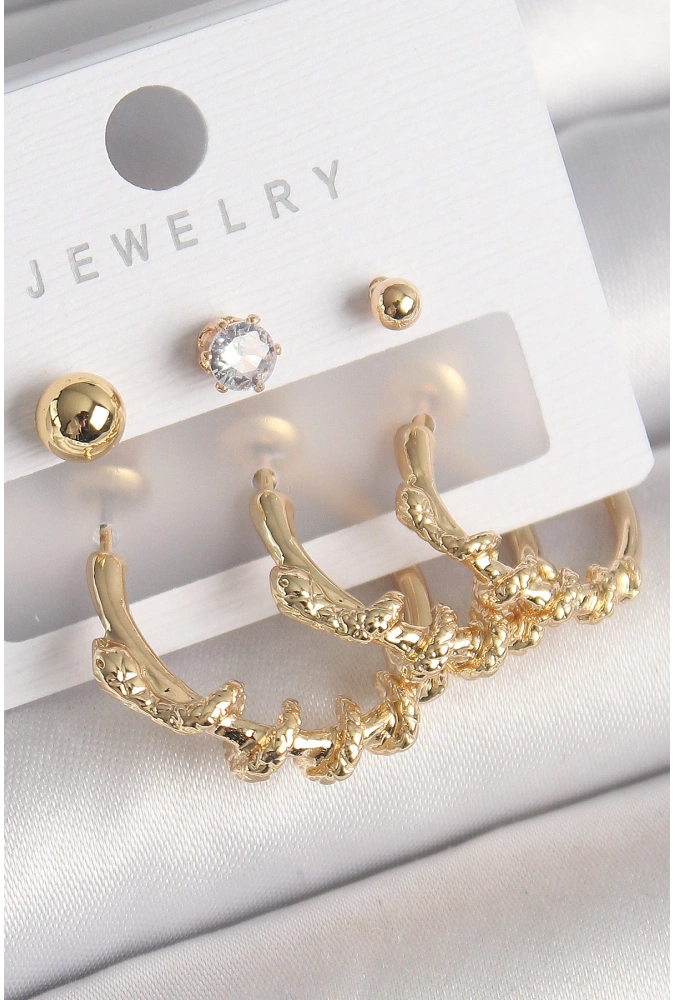 Shoecide Pirinç Gold Renk Sarmal Yılan Halka Model Zirkon Taşlı Topçuk Detay Kadın Küpe Seti