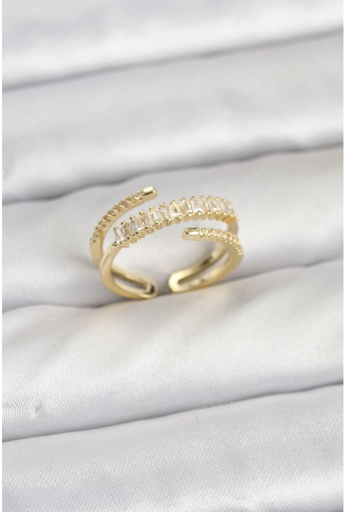 Shoecide Pirinç Gold Renk Sıralı Baget Zirkon Taşlı Kadın Yüzük