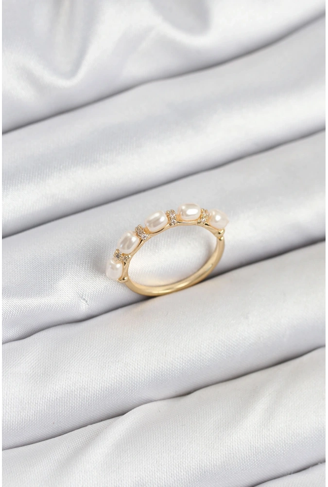 Shoecide Pirinç Gold Renk Sıralı İncili Kadın Yüzük
