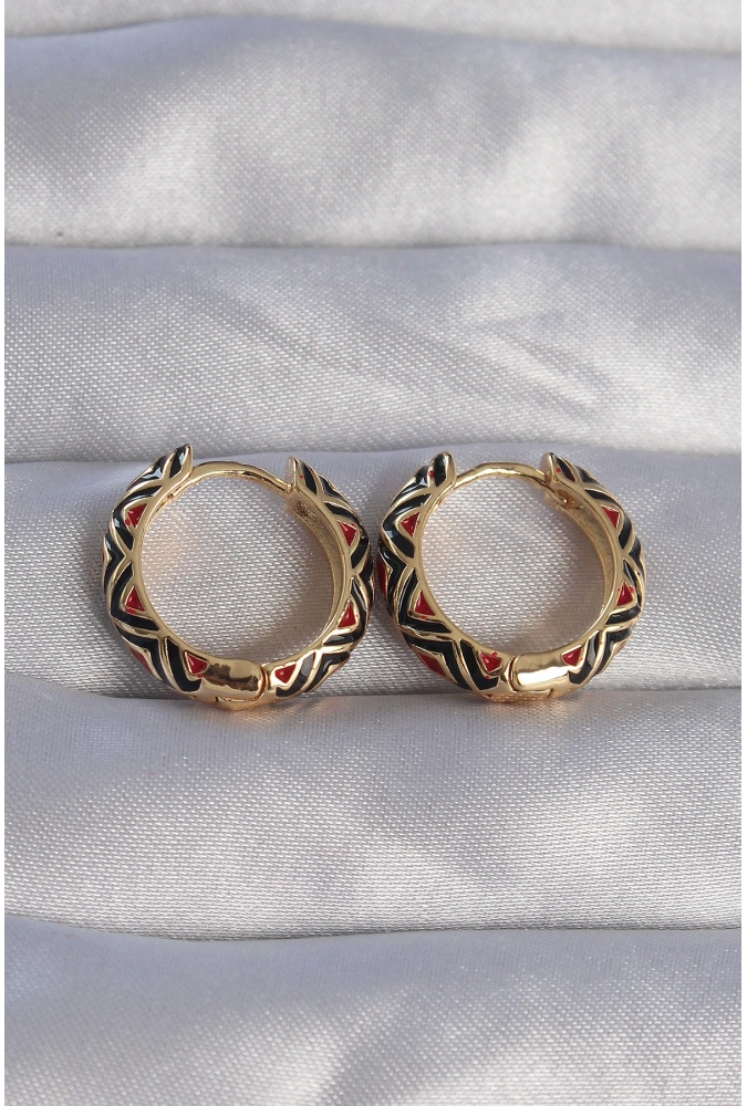 Shoecide Pirinç Gold Renk Siyah Etnik Desenli Halka Küpe