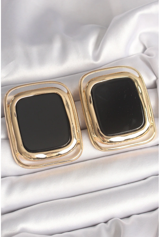 Shoecide Pirinç Gold Renk Siyah Mineli Kare Model Kadın Küpe