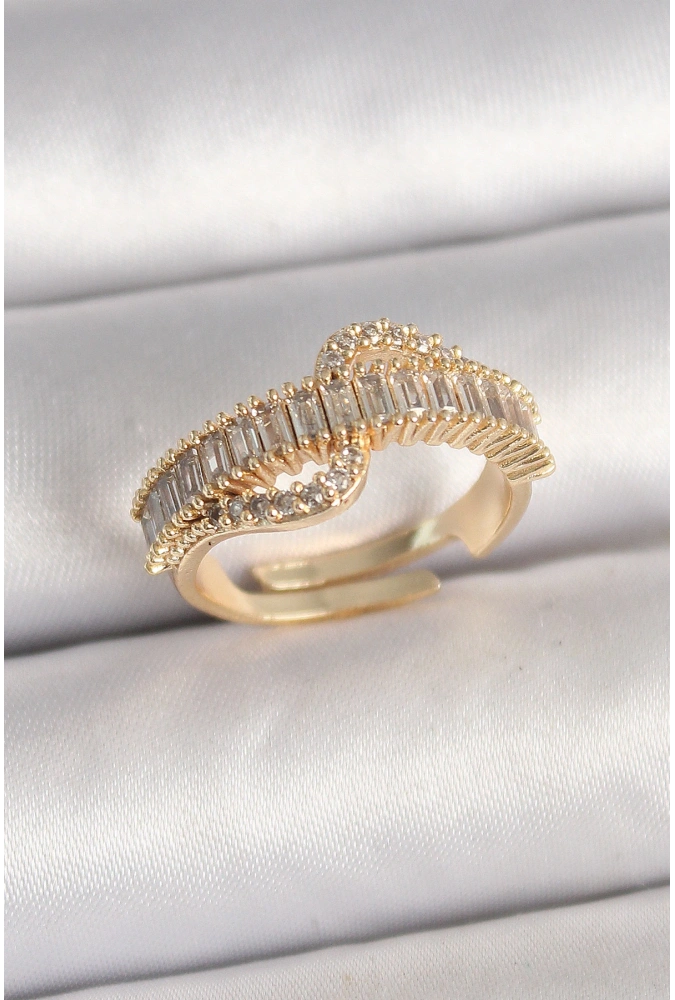 Shoecide Pirinç Gold Renk Su Yolu Zirkon Taşlı Ayarlanabilir Model Kadın Yüzük