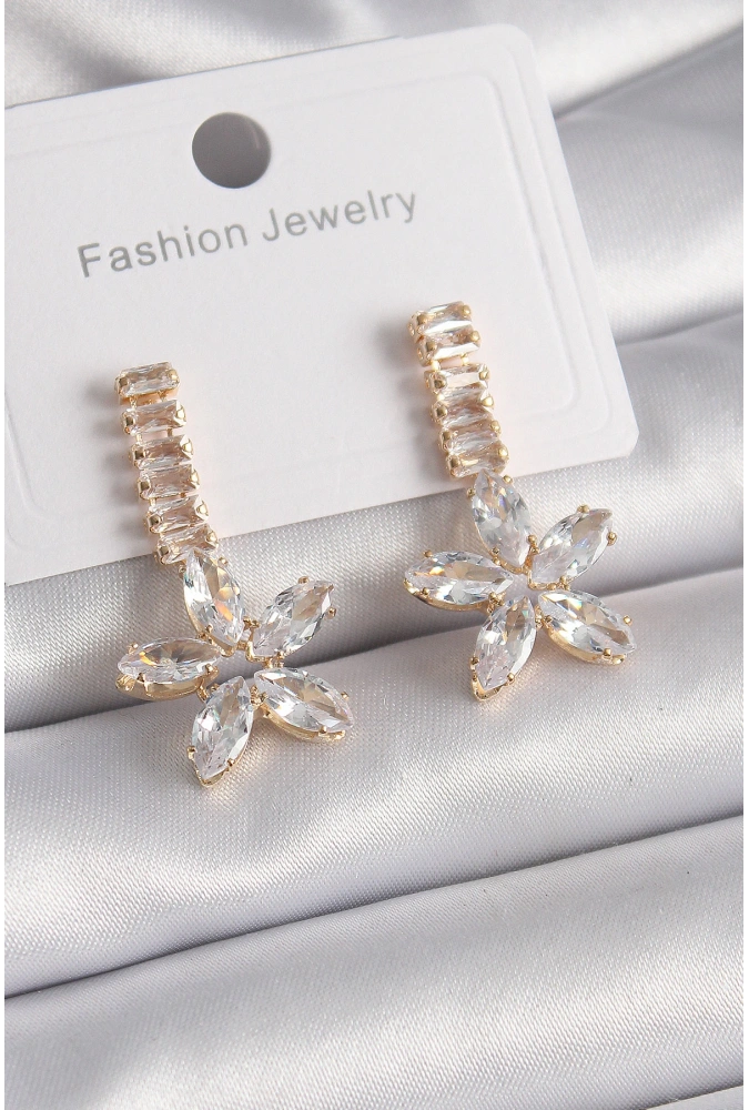 Shoecide Pirinç Gold Renk Su Yolu Zirkon Taşlı Çiçek Model Kadın Küpe