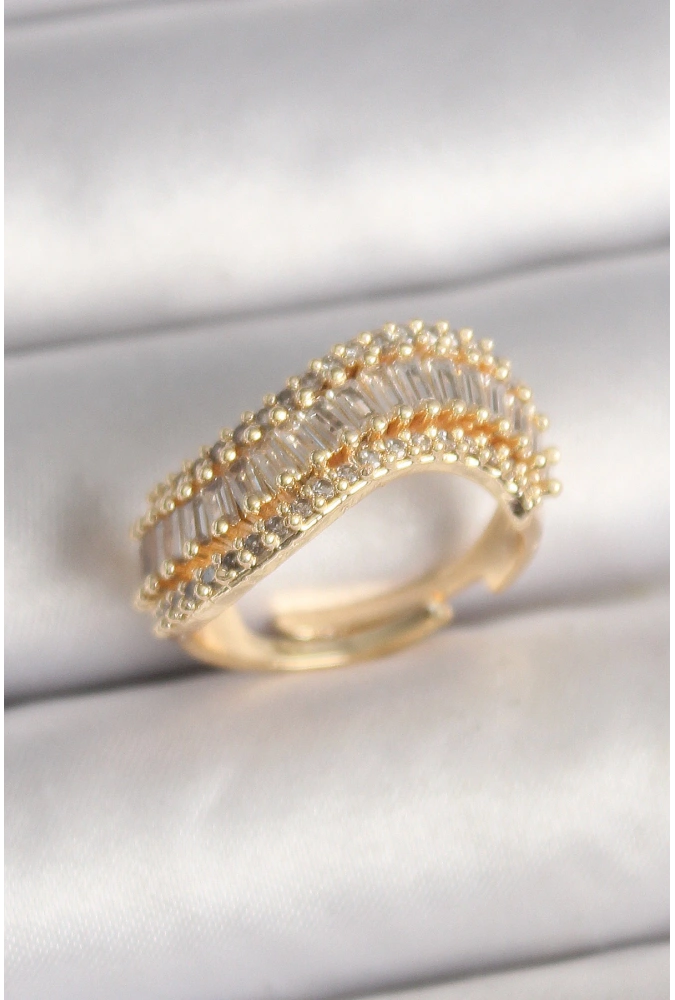 Shoecide Pirinç Gold Renk Su Yolu Zirkon Taşlı Dalga Model Ayarlanabilir Kadın Yüzük