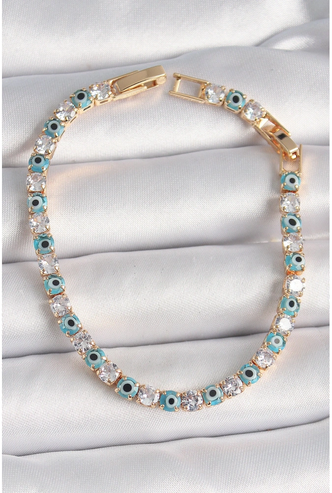 Shoecide Pirinç Gold Renk Su Yolu Zirkon Taşlı Nazar Boncuklu Kadın Bileklik