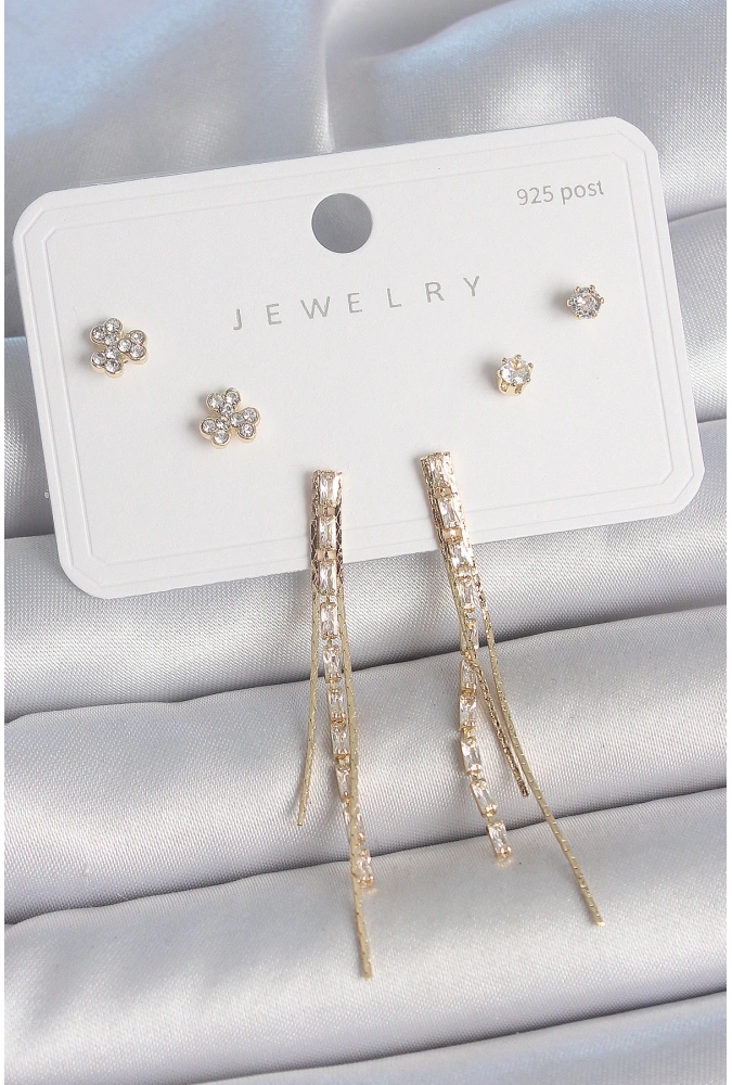 Shoecide Pirinç Gold Renk Su Yolu Zirkon Taşlı Sallantı Model Çiçek Detay 925 Ayar Gümüş Çivi Kadın Küpe Seti