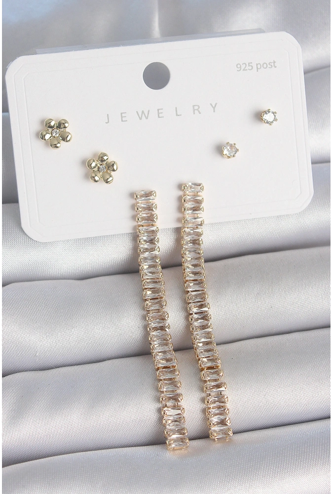 Shoecide Pirinç Gold Renk Su Yolu Zirkon Taşlı Sallantı Model Çiçek Detay 925 Ayar Gümüş Çivi Kadın Küpe Seti