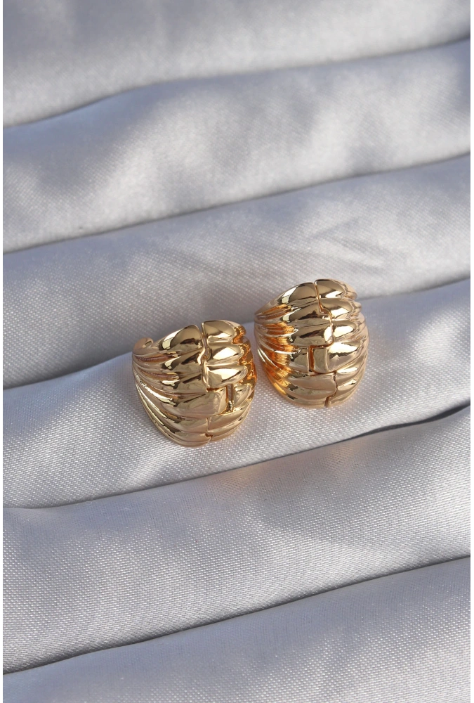 Shoecide Pirinç Gold Renk Tırtıklı Minimal Bombeli Tasarım Küpe