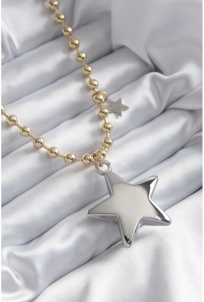 Shoecide Pirinç Gold Renk Topçuk Zincir Gümüş 3d Yıldız Model Yıldız Detay Vip Kadın Kolye