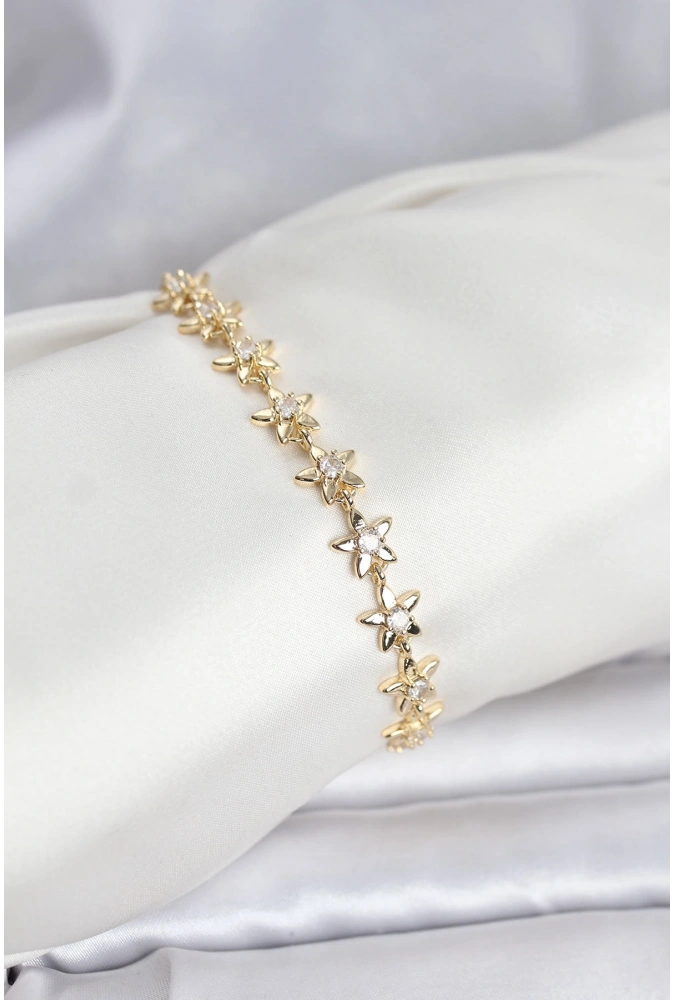 Shoecide Pirinç Gold Renk Vıp Seri Sıralı Taşlı Yıldız Model Zirkon Taşlı Kadın Bileklik