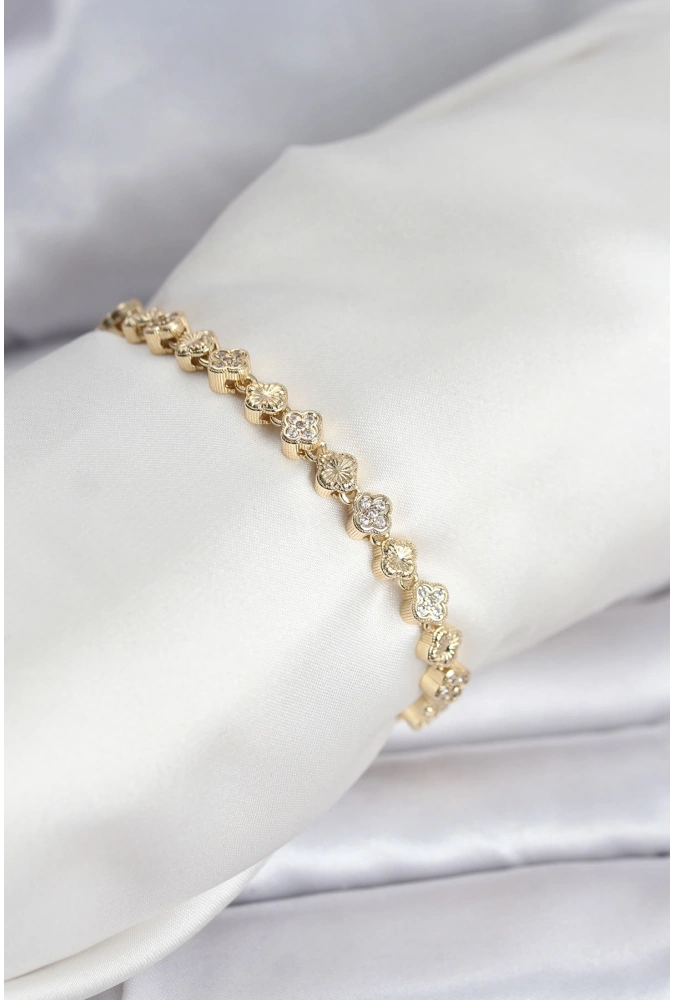 Shoecide Pirinç Gold Renk Vıp Seri Sıralı Yonca Model Zirkon Taşlı Kadın Bileklik