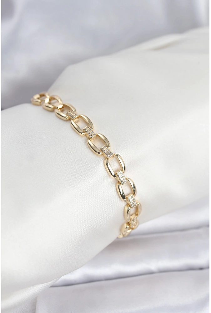 Shoecide Pirinç Gold Renk Vıp Seri Zincir Model Zirkon Taşlı Kadın Bileklik