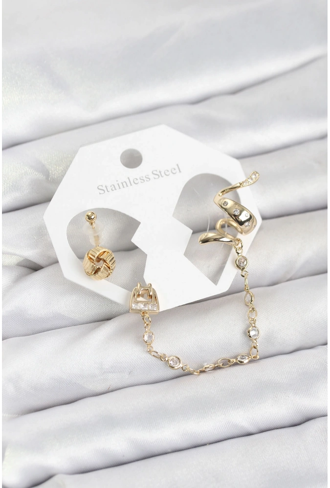 Shoecide Pirinç Gold Renk Yılan Model Zincir Bağlantılı Ear Cuff Küpe Seti