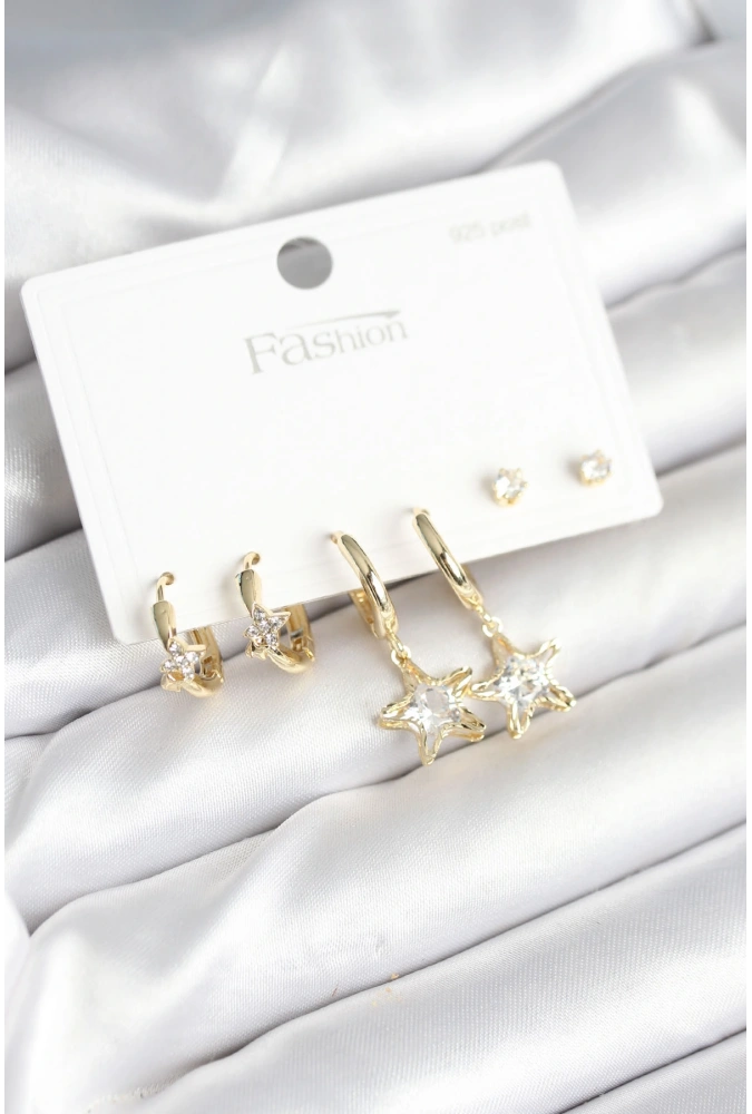 Shoecide Pirinç Gold Renk Yıldız Model 925 Gümüş Çivili Kadın Küpe Seti