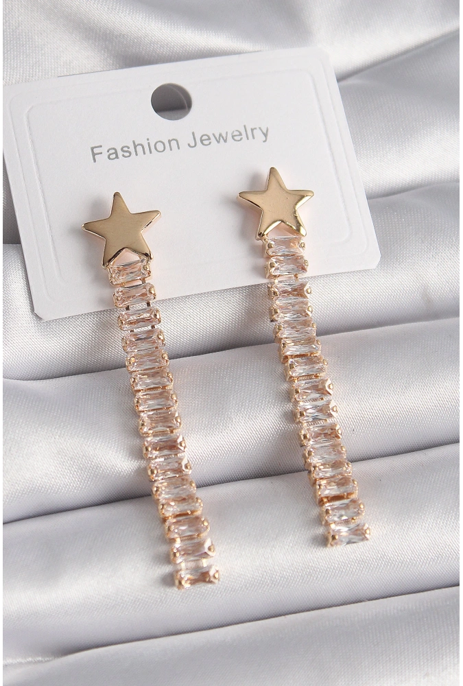 Shoecide Pirinç Gold Renk Yıldız Model Su Yolu Zirkon Taşlı Kadın Küpe